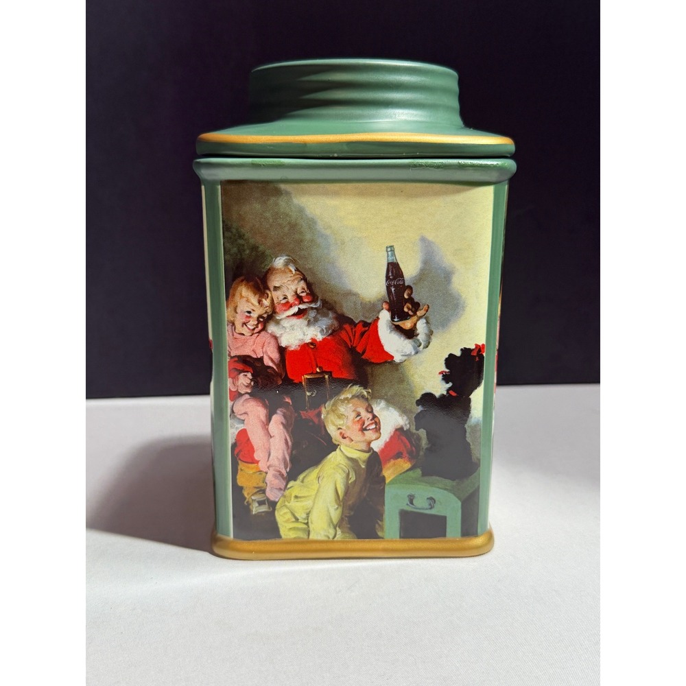 Coca-Cola Sakura Stoneware Christmas Santa Canister Jar Green Gold Trim 2002